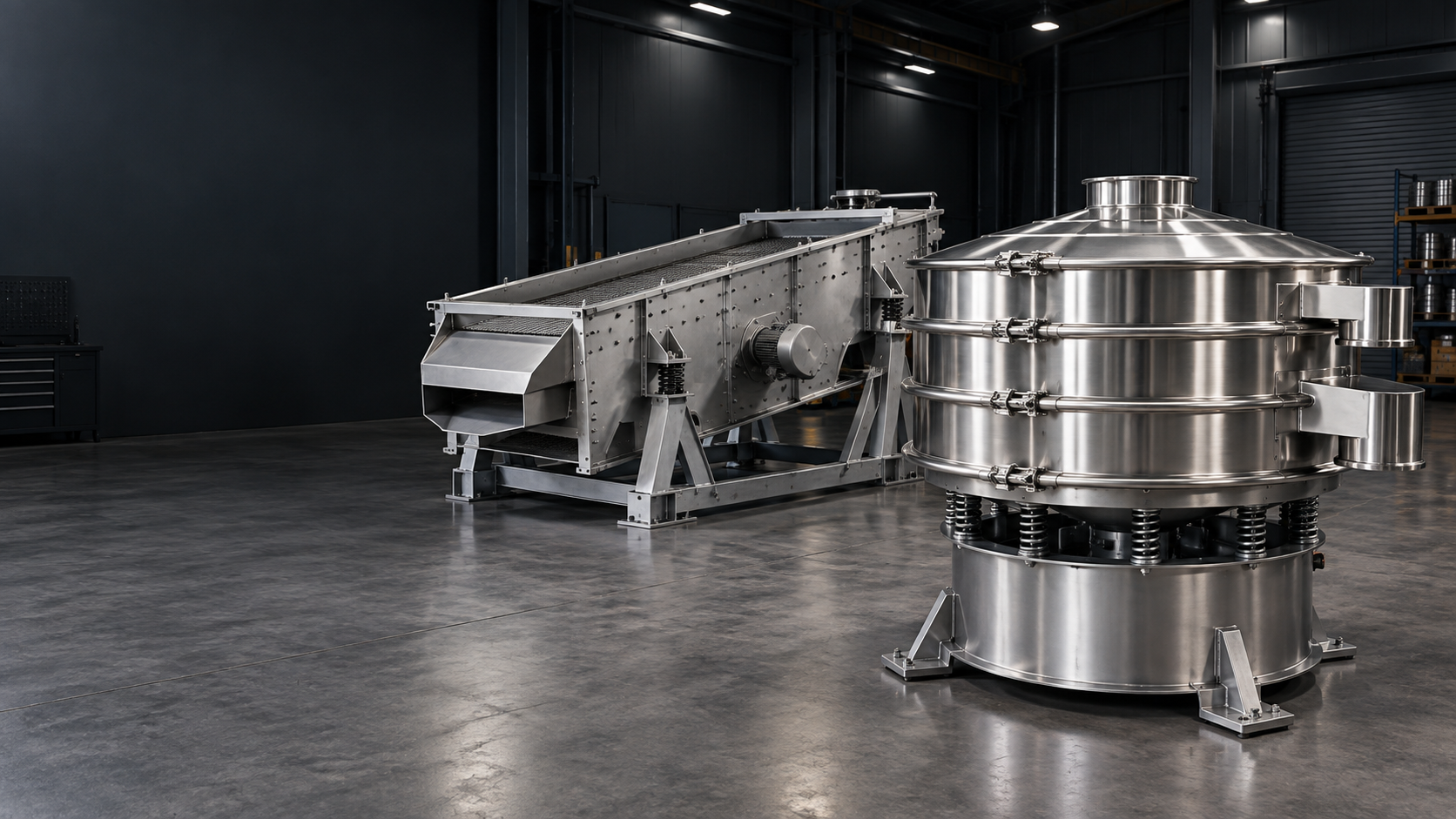 Illustrative stainless steel screening equipment in an industrial setting